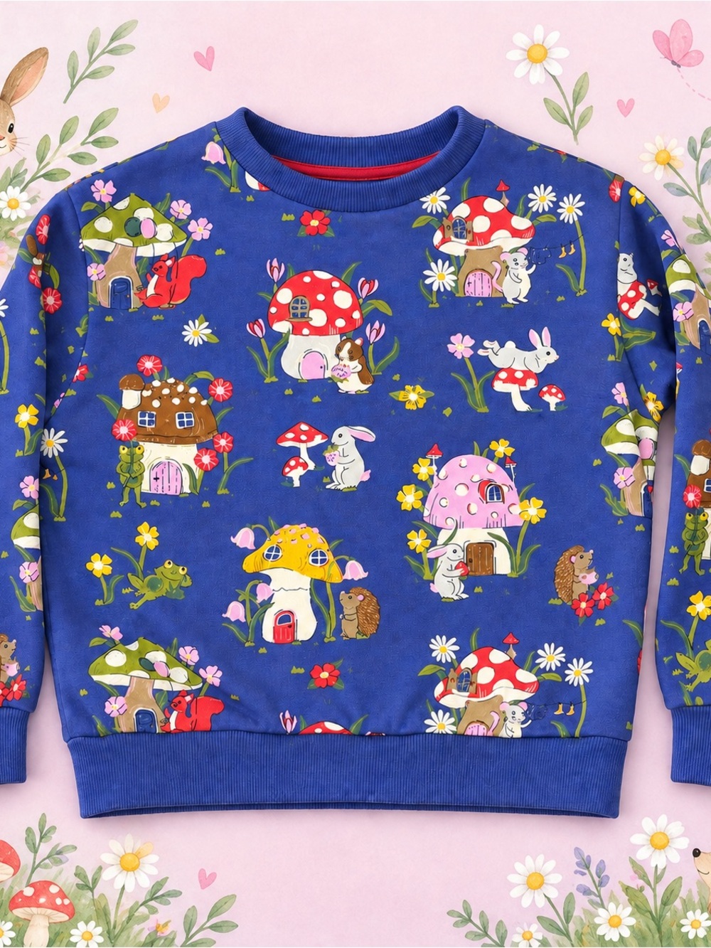 Mini Boden Girls 7-8Y Blue Woodland Mushroom Animal Print Sweatshirt